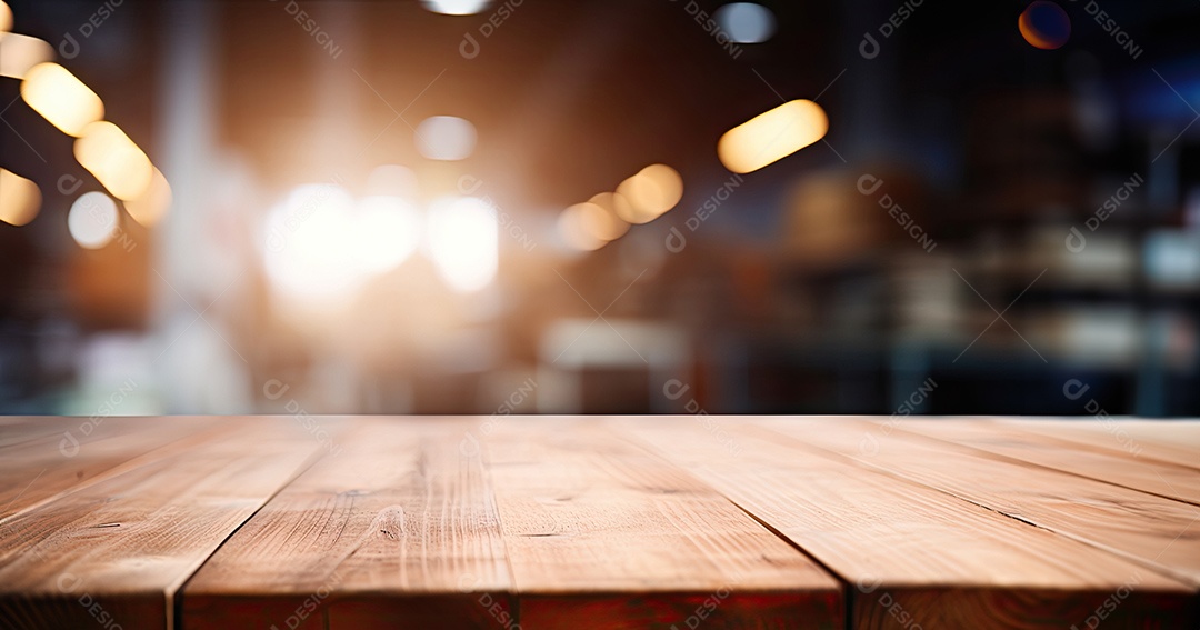 Um tampo de mesa de madeira com um fundo desfocado de luzes bokeh