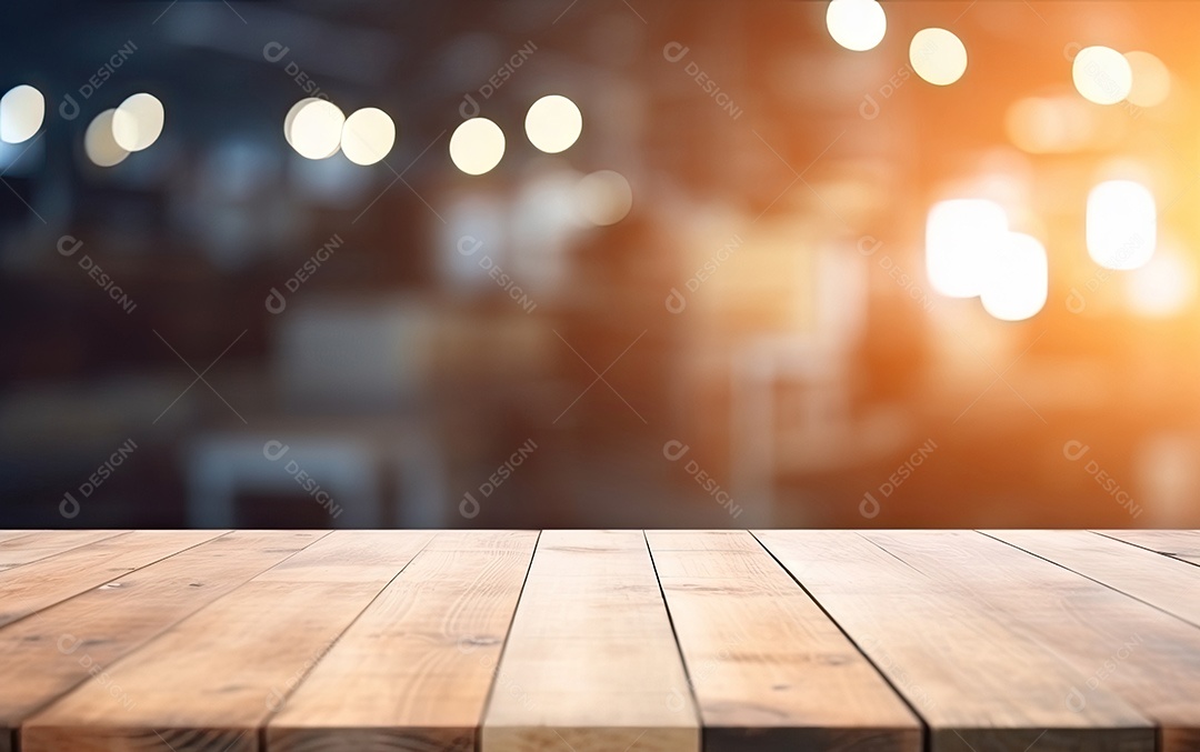 Um tampo de mesa de madeira com um fundo desfocado de luzes bokeh