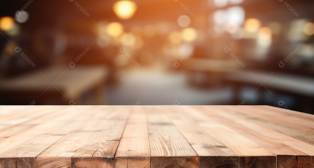 Um tampo de mesa de madeira com um fundo desfocado de luzes bokeh