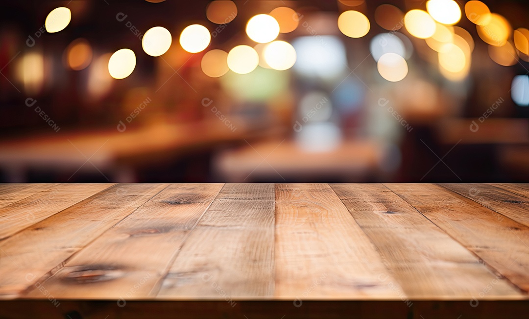 Um tampo de mesa de madeira com um fundo desfocado de luzes bokeh