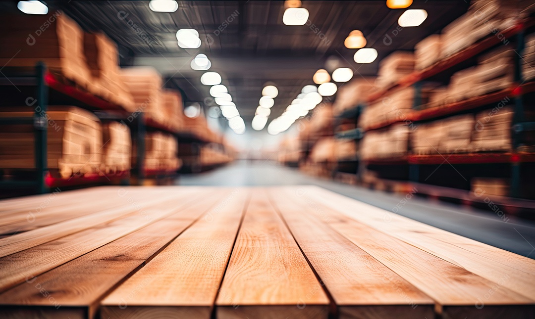 Um tampo de mesa de madeira com um fundo desfocado de luzes bokeh