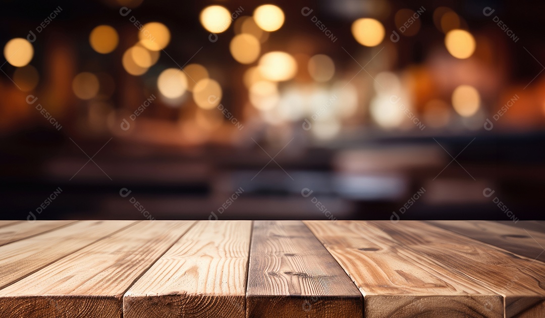 Um tampo de mesa de madeira com um fundo desfocado de luzes bokeh
