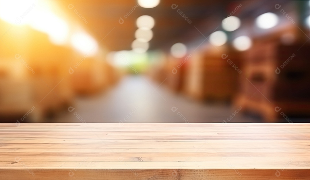 Um tampo de mesa de madeira com um fundo desfocado de luzes bokeh