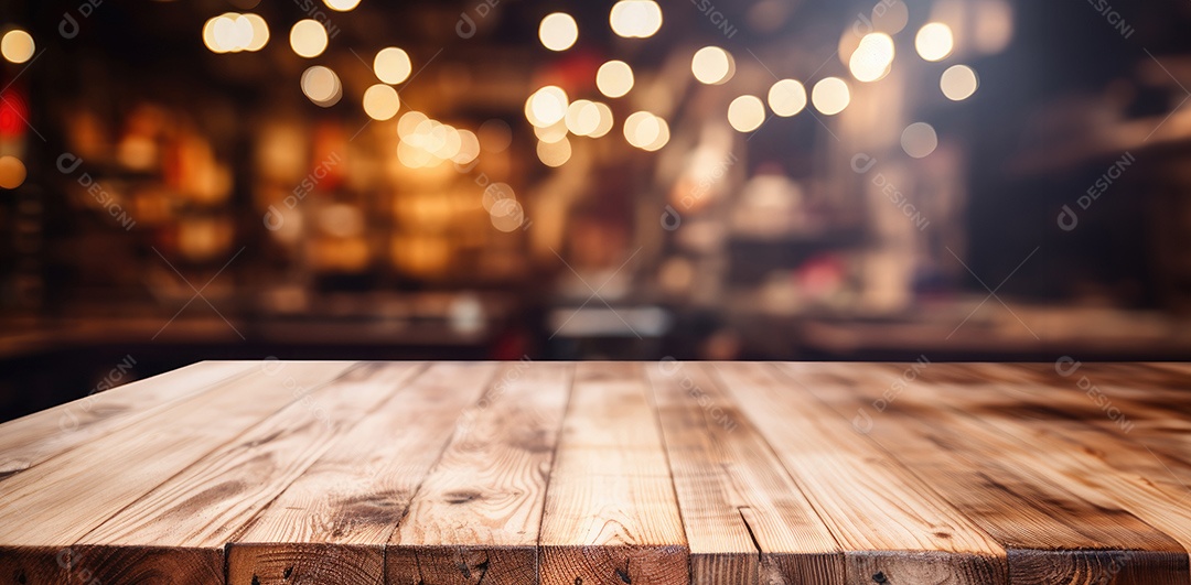 Um tampo de mesa de madeira com um fundo desfocado de luzes bokeh