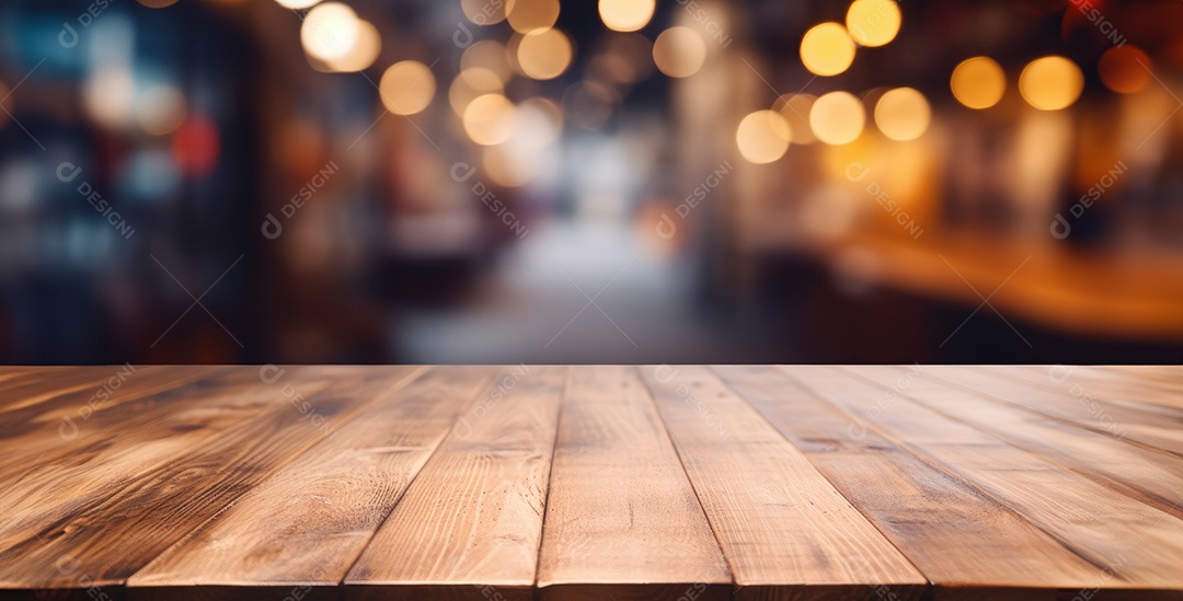 Um tampo de mesa de madeira com um fundo desfocado de luzes bokeh
