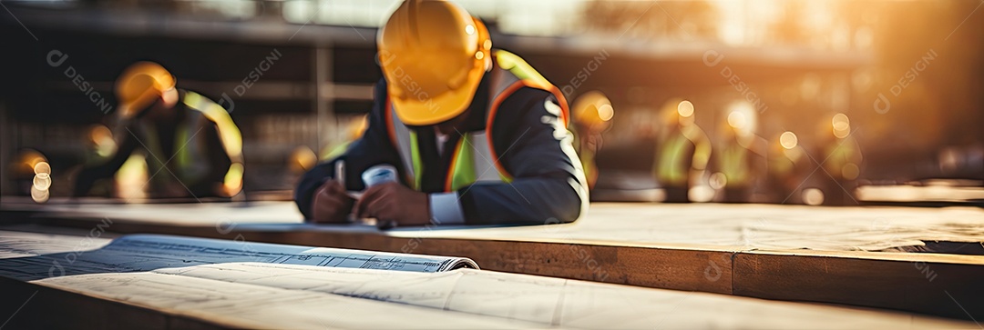 Equipes de engenheiros civis trabalhando juntas usam capacetes de segurança em canteiros de obras em uma cidade moderna