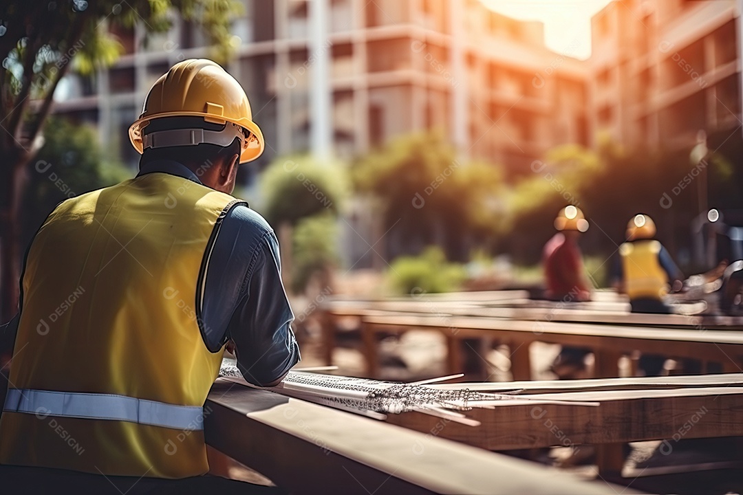 Equipes de engenheiros civis trabalhando juntas usam capacetes de segurança em canteiros de obras em uma cidade moderna