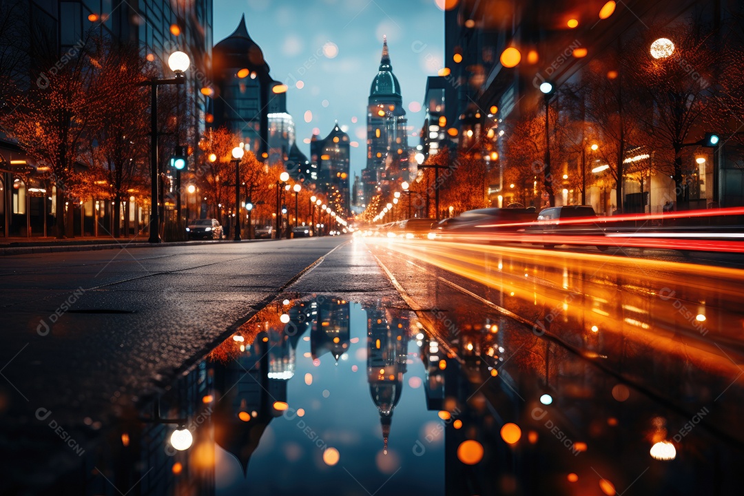 Uma imagem desfocada de uma estrada urbana à noite gerada por IA