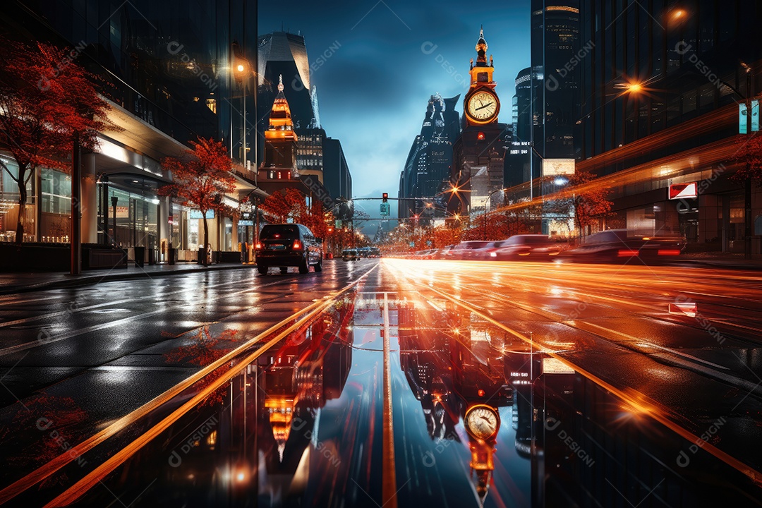 Uma imagem desfocada de uma estrada urbana à noite gerada por IA