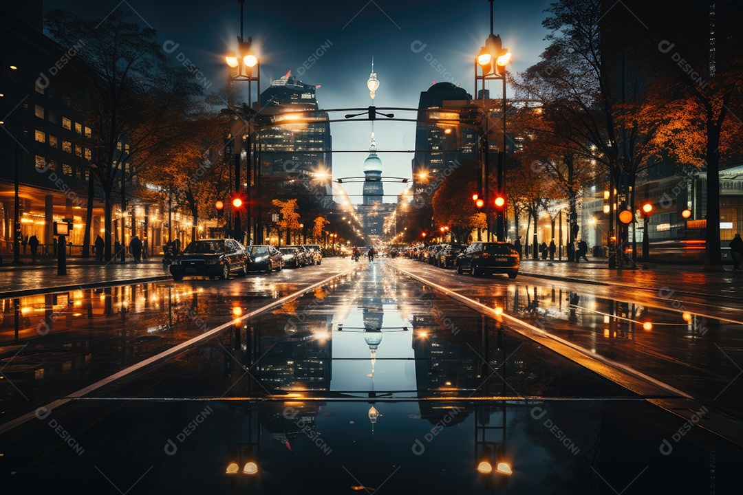 Uma imagem desfocada de uma estrada urbana à noite gerada por IA