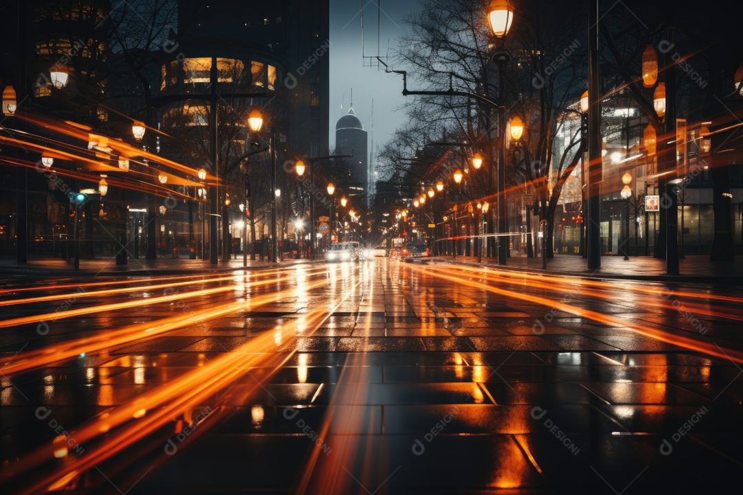 Uma imagem desfocada de uma estrada urbana à noite gerada por IA