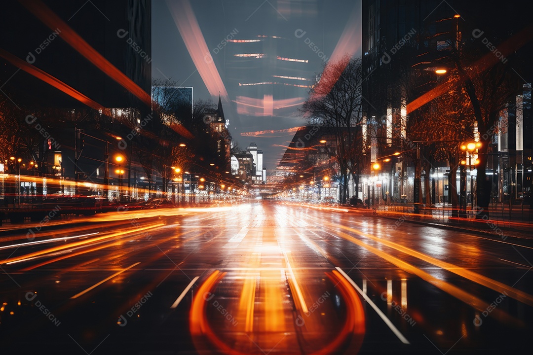 Uma imagem desfocada de uma estrada urbana à noite gerada por IA