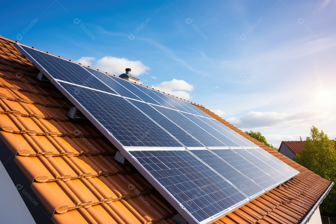 Painéis solares no telhado da casa mostram o uso de energia renovável na vida diária gerada por IA