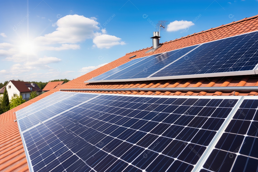 Painéis solares no telhado da casa mostram o uso de energia renovável na vida diária gerada por IA