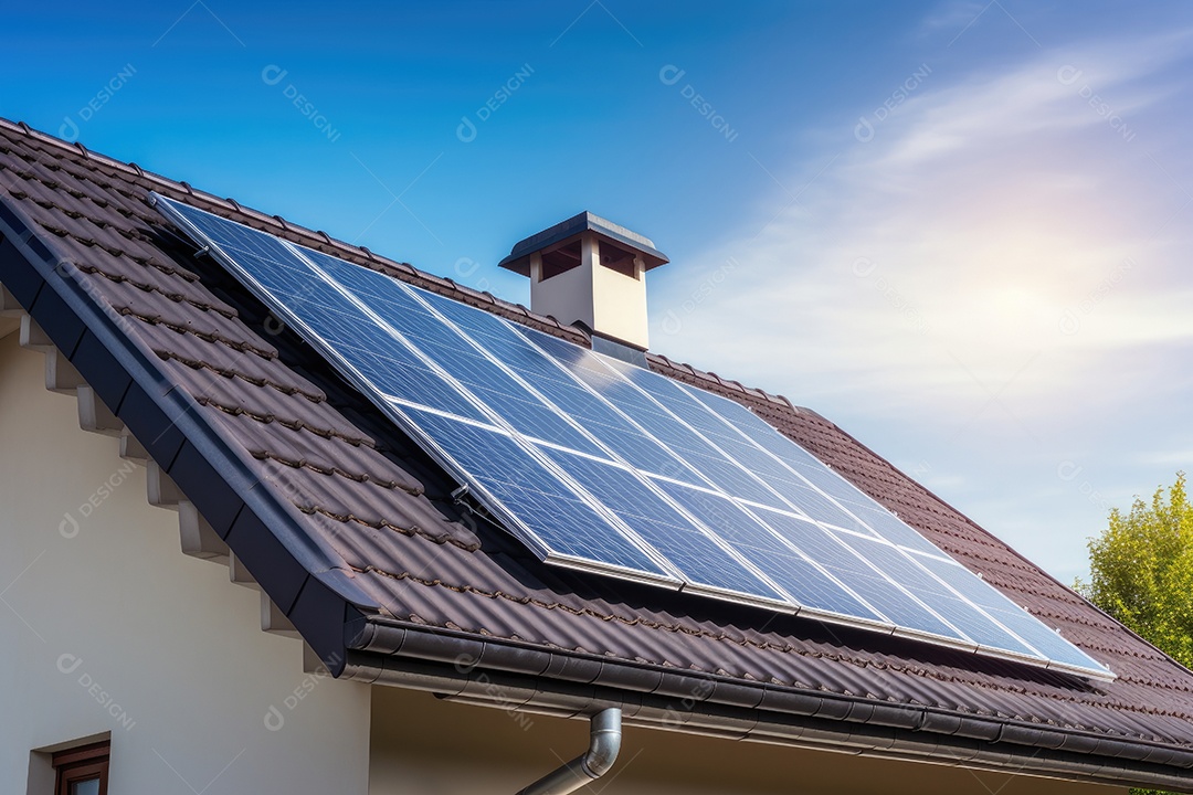 Painéis solares no telhado da casa mostram o uso de energia renovável na vida diária gerada por IA