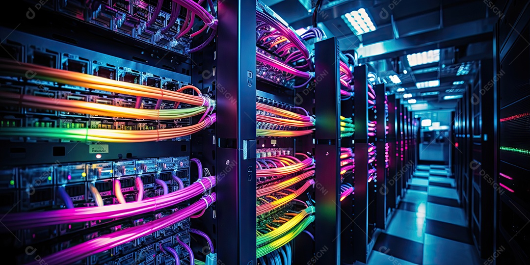 Um conjunto complexo de fios e cabos convergem no data center onde os servidores processam e transmitem dados ao redor do mundo