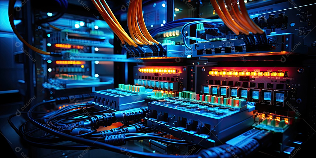 Um conjunto complexo de fios e cabos convergem no data center onde os servidores processam e transmitem dados ao redor do mundo