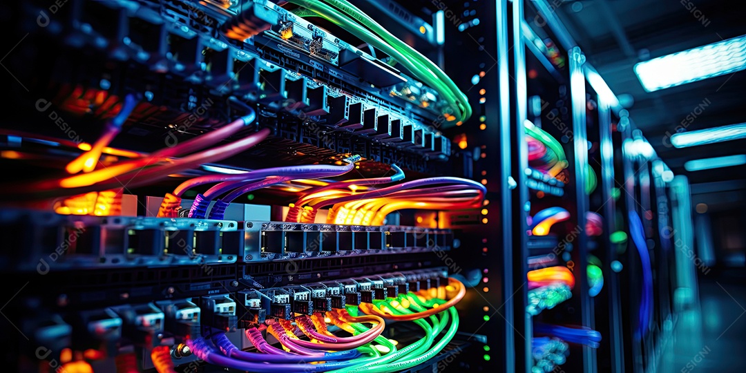Um conjunto complexo de fios e cabos convergem no data center onde os servidores processam e transmitem dados ao redor do mundo