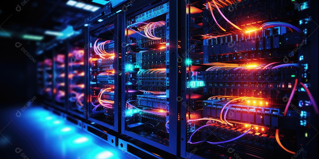 Um conjunto complexo de fios e cabos convergem no data center onde os servidores processam e transmitem dados ao redor do mundo