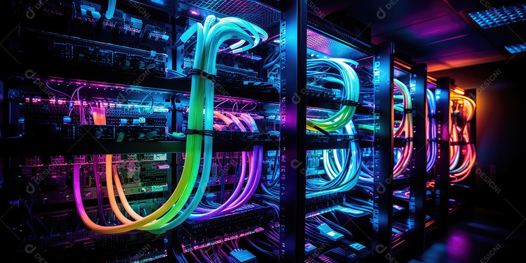 Um conjunto complexo de fios e cabos convergem no data center onde os servidores processam e transmitem dados ao redor do mundo