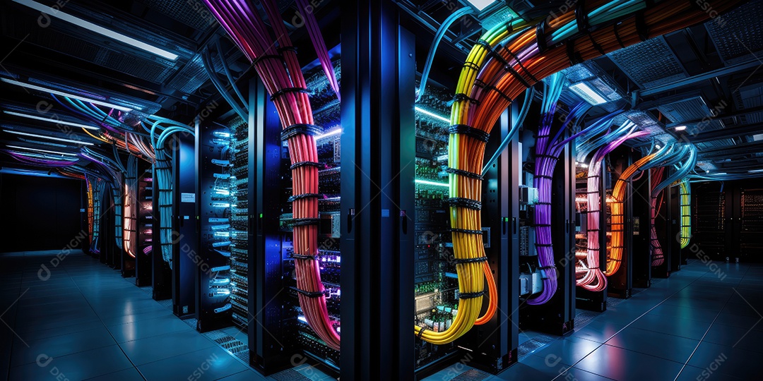 Um conjunto complexo de fios e cabos convergem no data center onde os servidores processam e transmitem dados ao redor do mundo