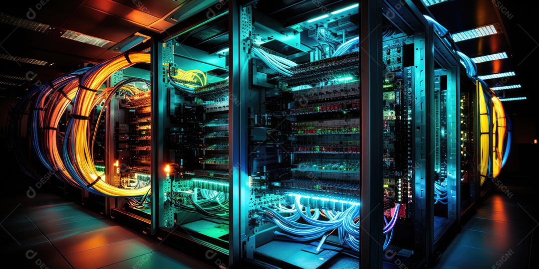 Um conjunto complexo de fios e cabos convergem no data center onde os servidores processam e transmitem dados ao redor do mundo