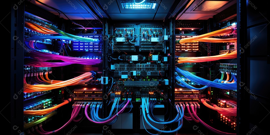 Um conjunto complexo de fios e cabos convergem no data center onde os servidores processam e transmitem dados ao redor do mundo