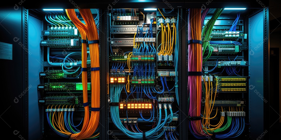 Um conjunto complexo de fios e cabos convergem no data center onde os servidores processam e transmitem dados ao redor do mundo