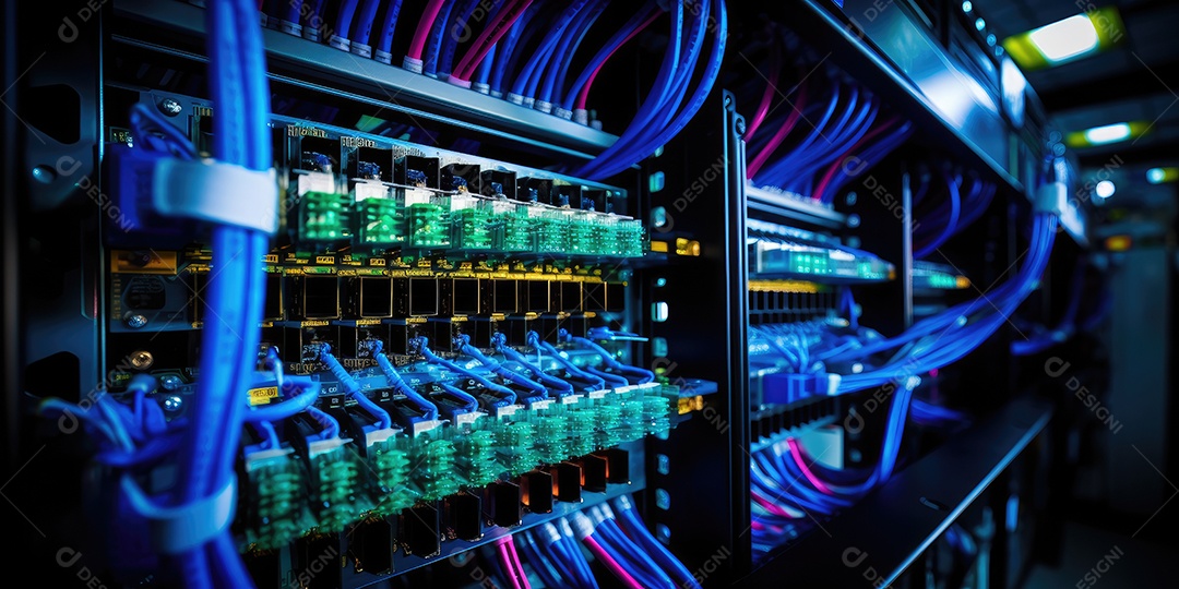 Um conjunto complexo de fios e cabos convergem no data center onde os servidores processam e transmitem dados ao redor do mundo