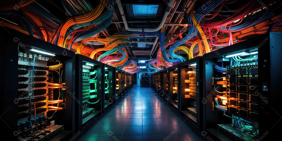 Um conjunto complexo de fios e cabos convergem no data center onde os servidores processam e transmitem dados ao redor do mundo