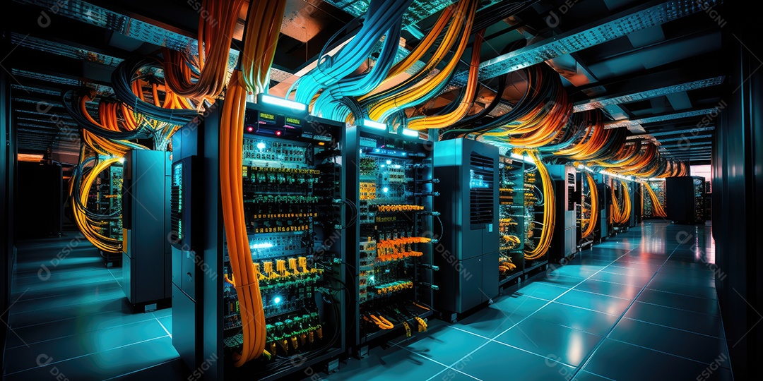 Um conjunto complexo de fios e cabos convergem no data center onde os servidores processam e transmitem dados ao redor do mundo