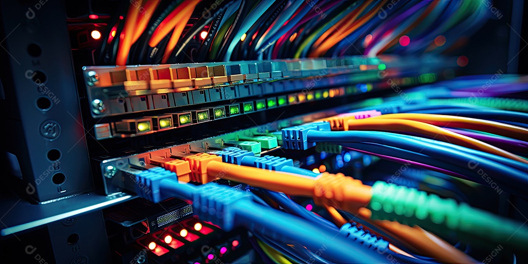 Um conjunto complexo de fios e cabos convergem no data center onde os servidores processam e transmitem dados ao redor do mundo