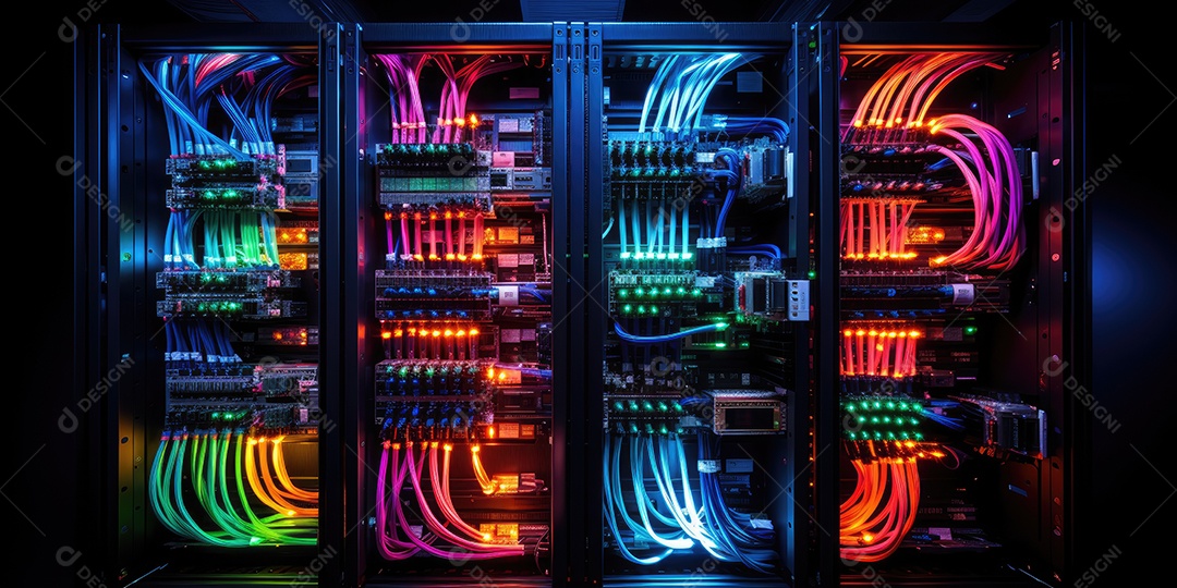 Um conjunto complexo de fios e cabos convergem no data center onde os servidores processam e transmitem dados ao redor do mundo