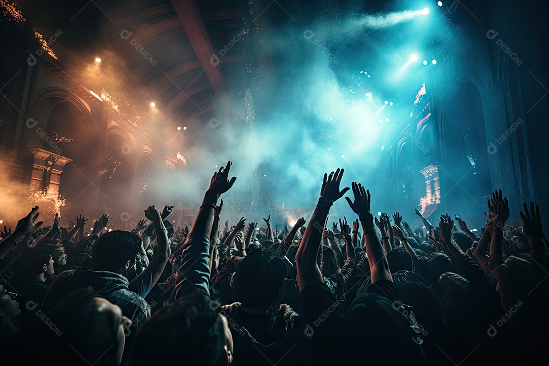 Público animado luzes de palco e confete gerada por IA