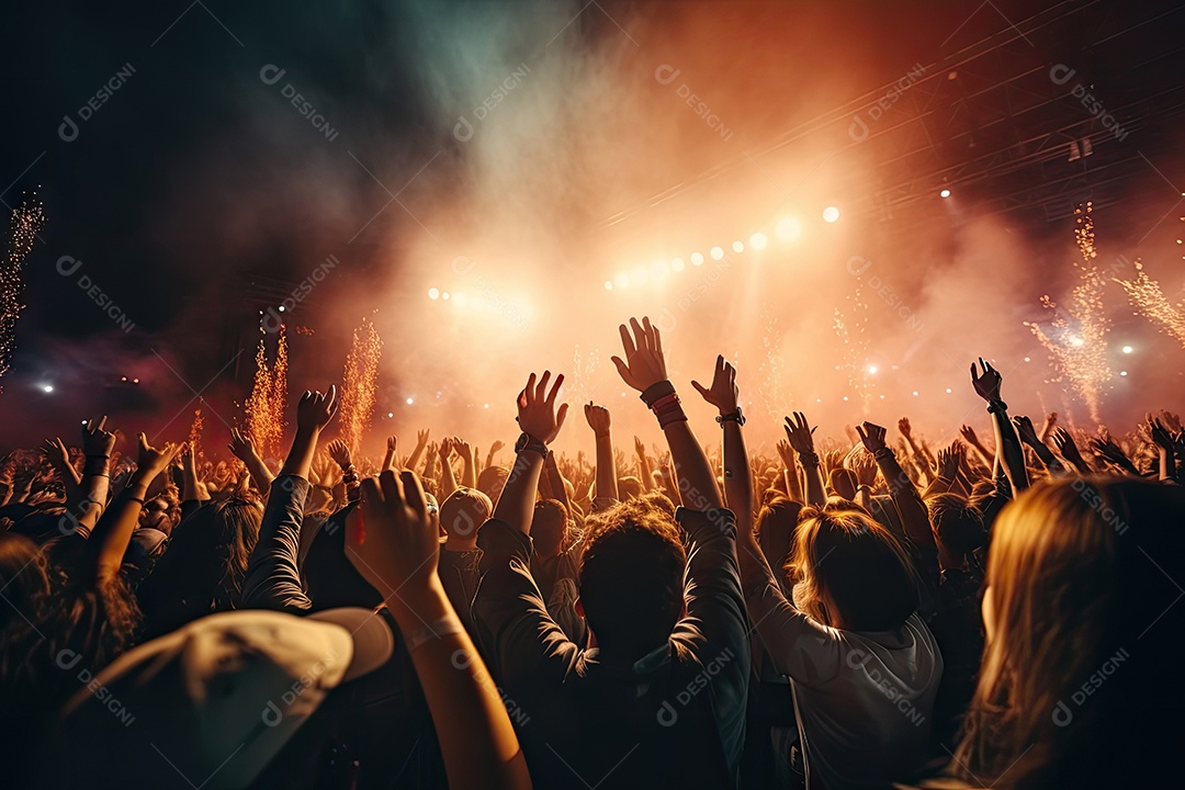 Público animado luzes de palco e confete gerada por IA