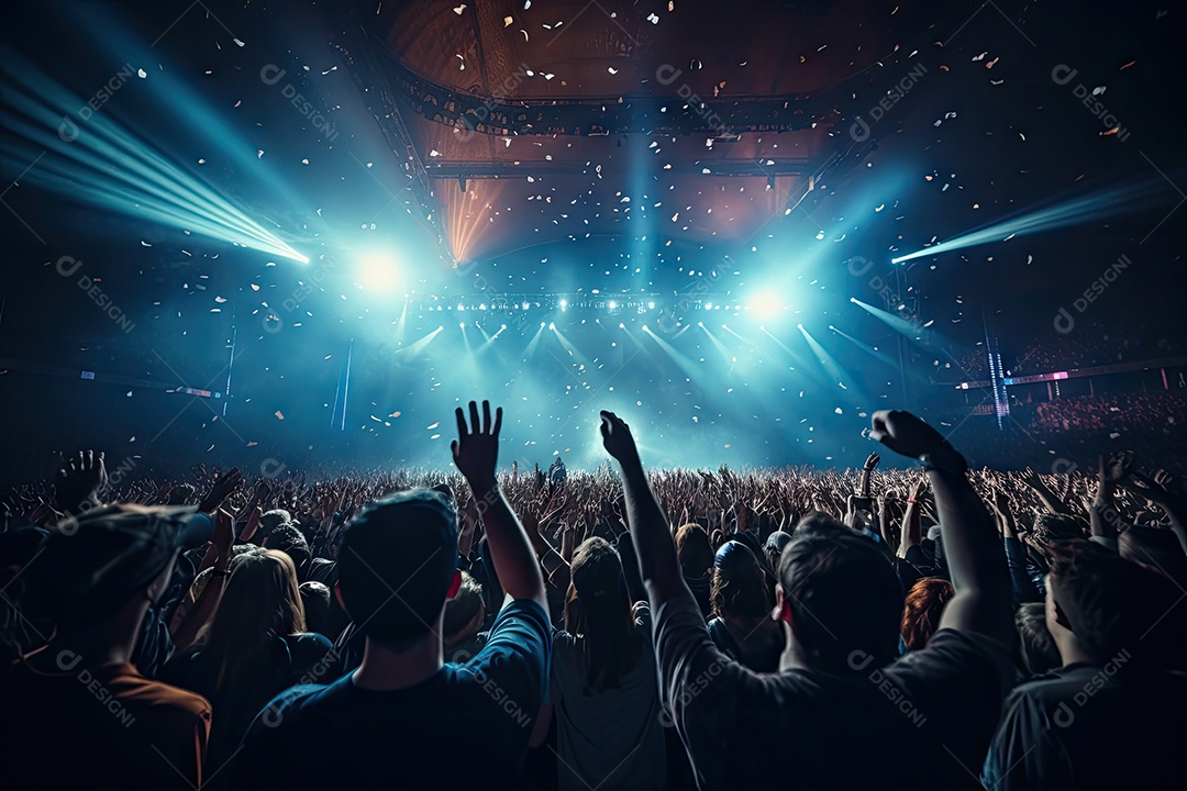 Público animado luzes de palco e confete gerada por IA