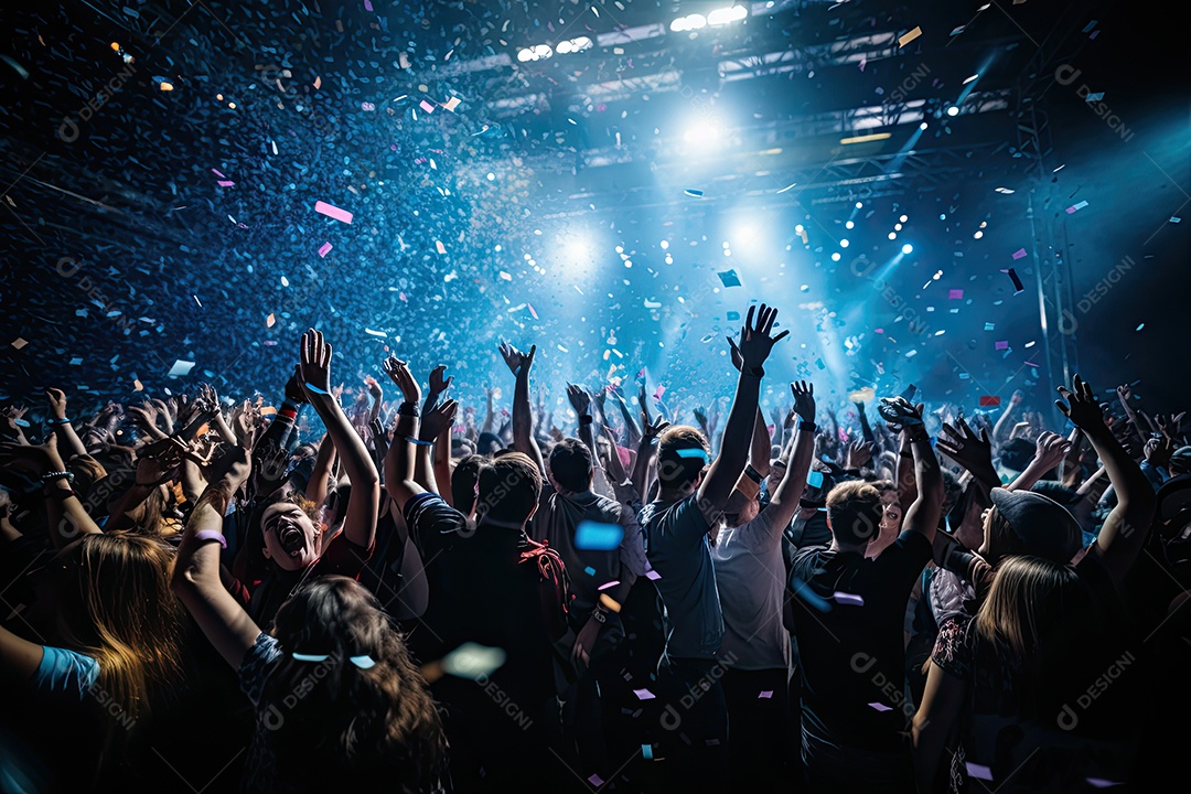 Público animado luzes de palco e confete gerada por IA