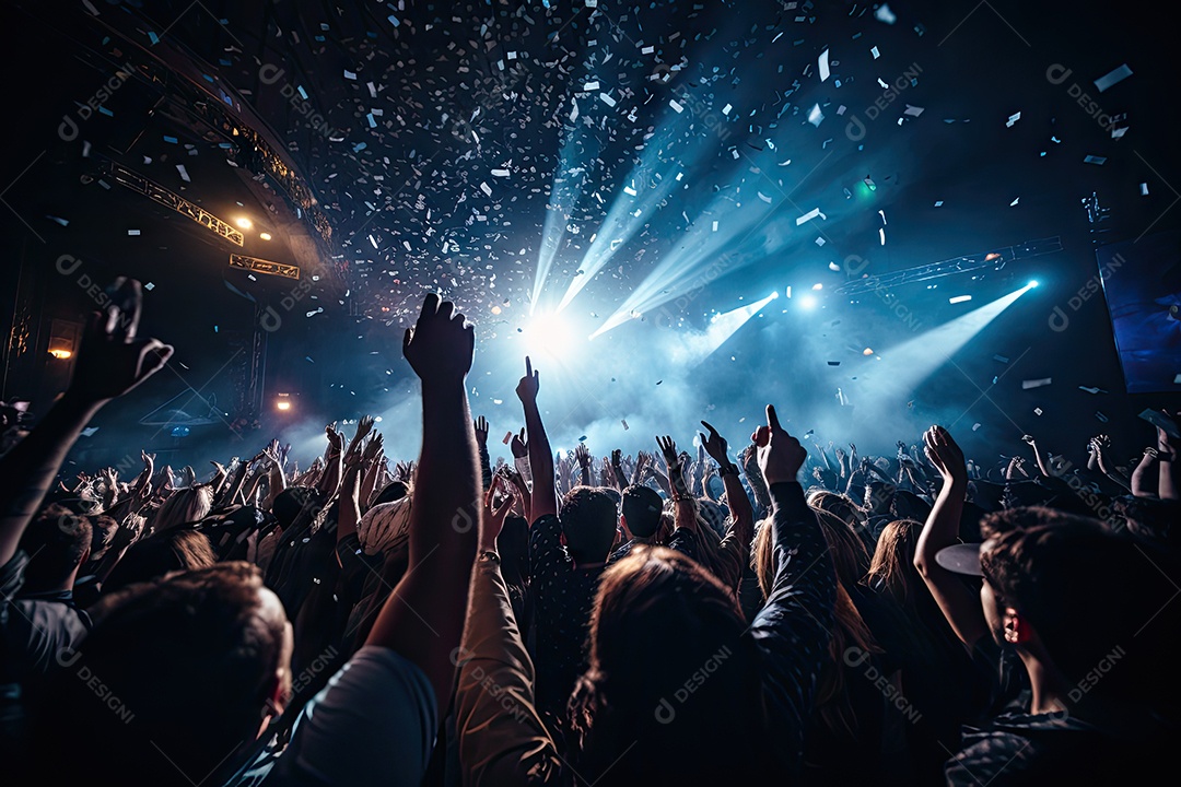 Público animado luzes de palco e confete gerada por IA