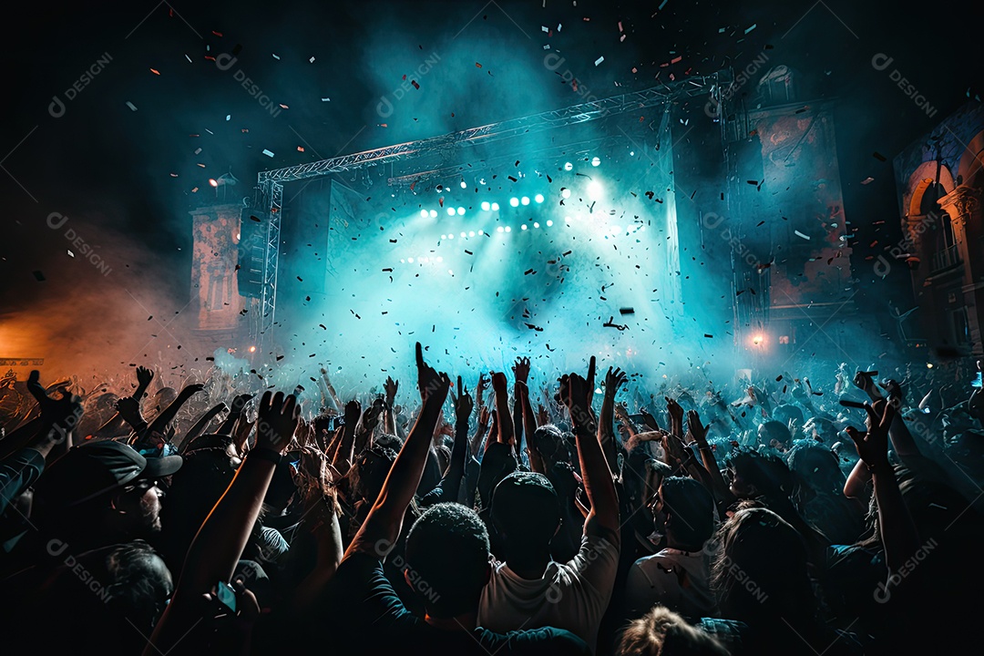 Público animado luzes de palco e confete gerada por IA