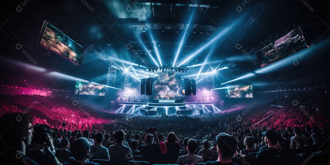 Público animado luzes de palco e confete gerada por IA