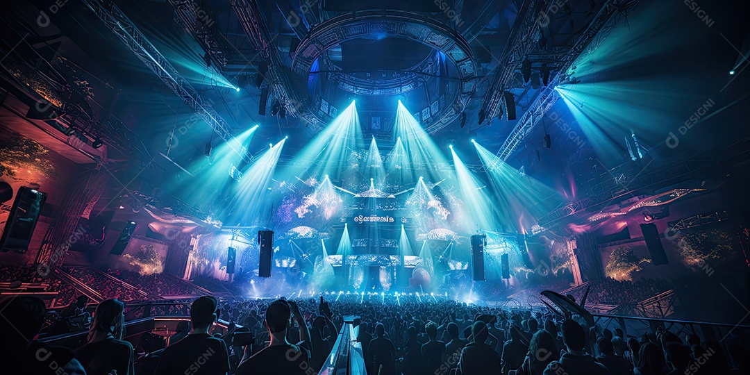 Público animado luzes de palco e confete gerada por IA