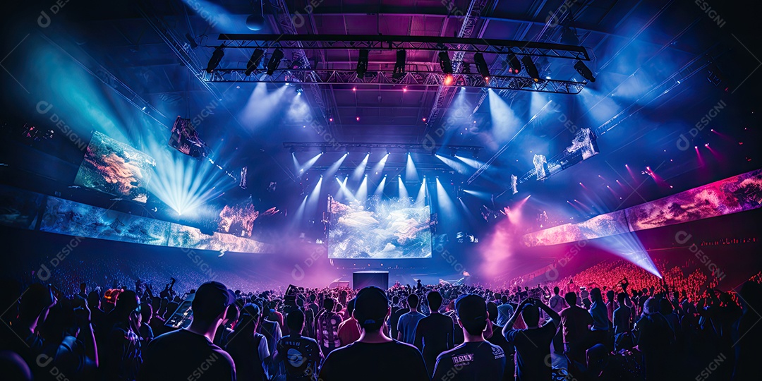 Público animado luzes de palco e confete gerada por IA