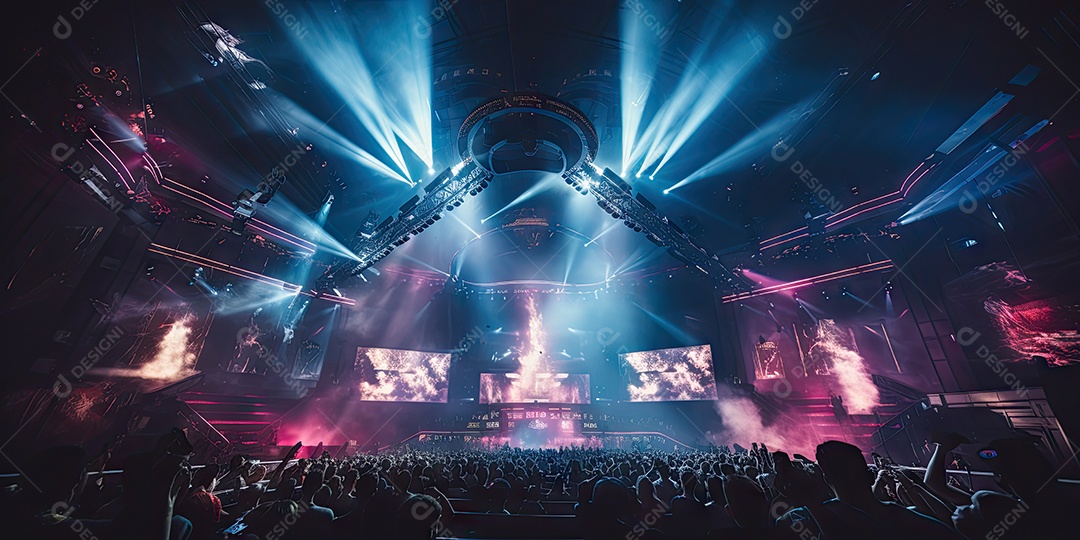 Público animado luzes de palco e confete gerada por IA