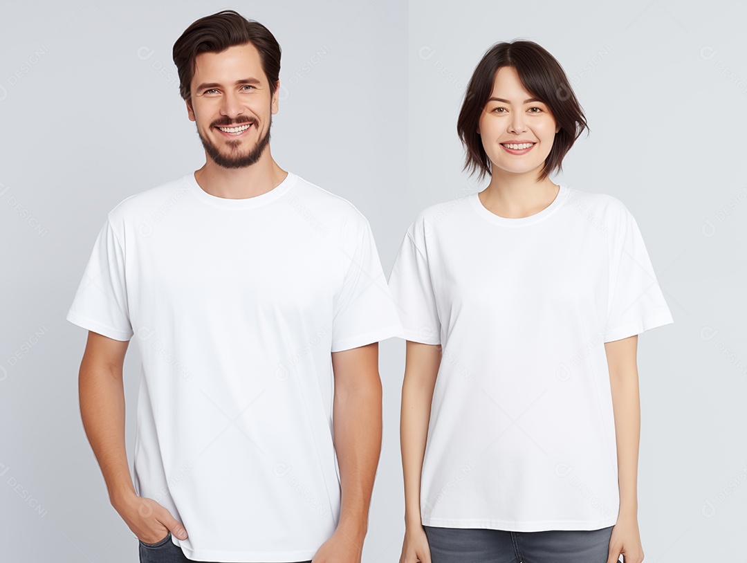 Um casal de namorados vestindo camisetas brancas combinando para modelo de design