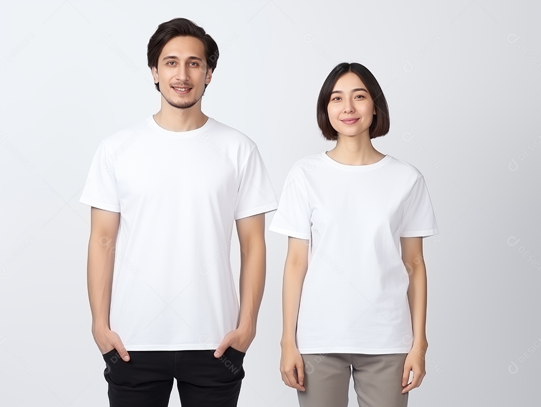 Um casal de namorados vestindo camisetas brancas combinando para modelo de design