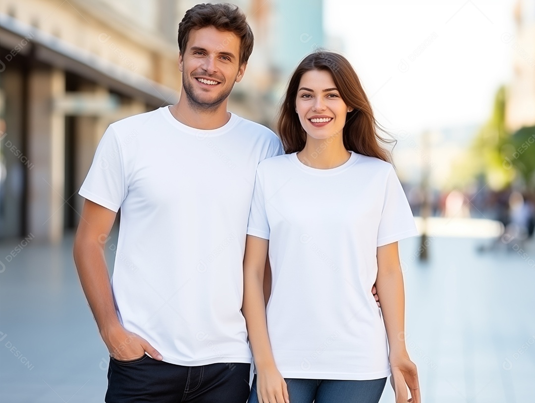 Um casal de namorados vestindo camisetas brancas combinando para modelo de design