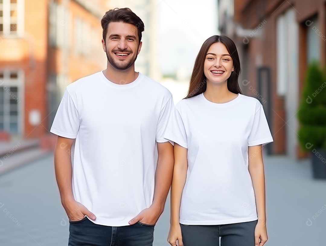 Um casal de namorados vestindo camisetas brancas combinando para modelo de design