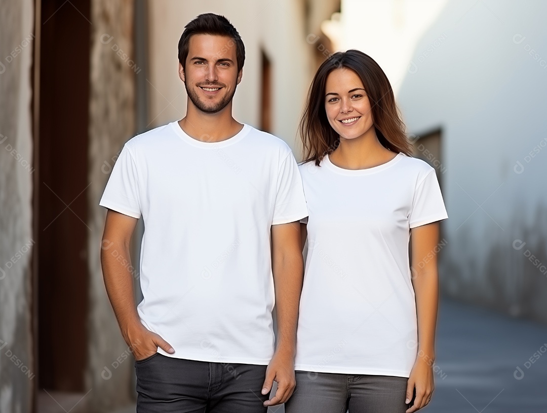 Um casal de namorados vestindo camisetas brancas combinando para modelo de design