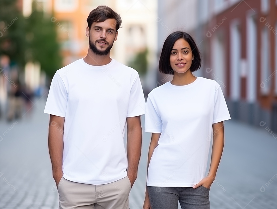 Um casal de namorados vestindo camisetas brancas combinando para modelo de design