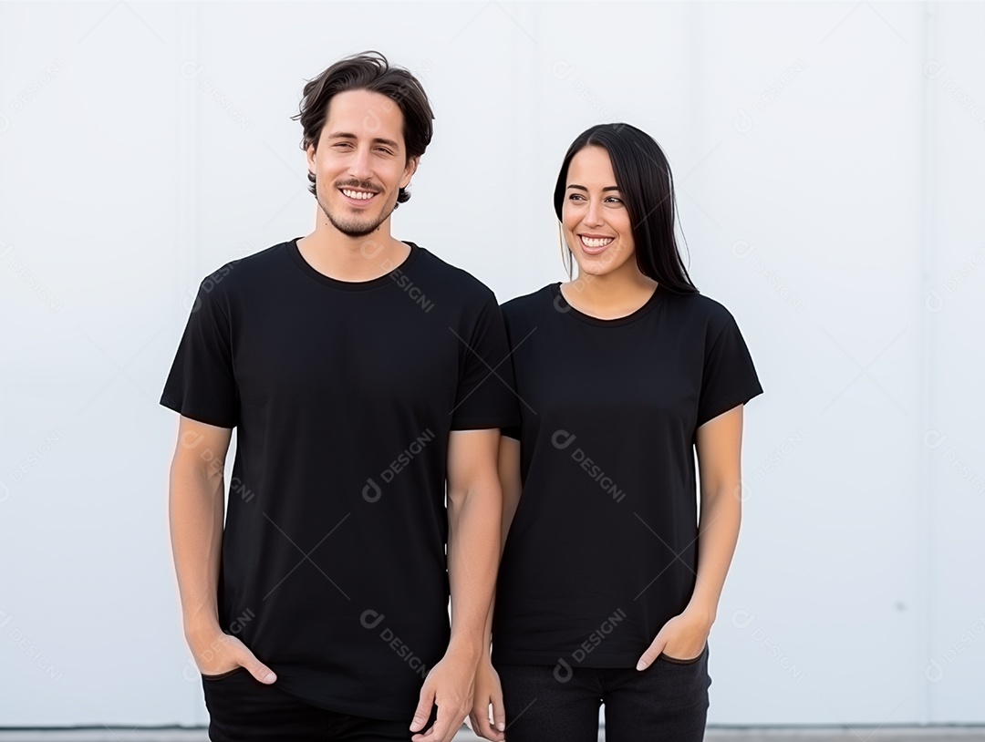 Um casal de namorados vestindo camisetas pretas combinando para modelo de design